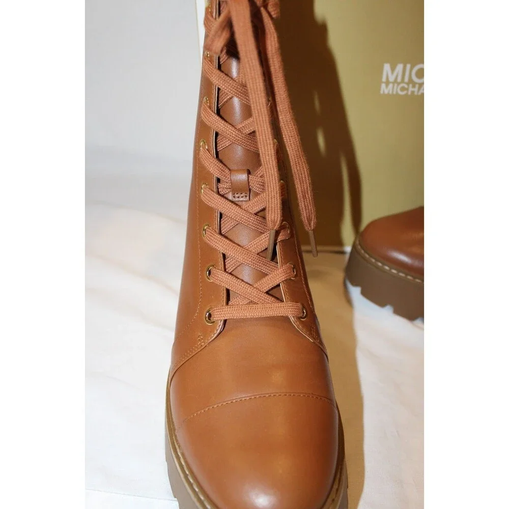 MICHAEL Michael Kors Blake Leather Combat‎ Boots LUGGAGE BROWN 9.5 NIB